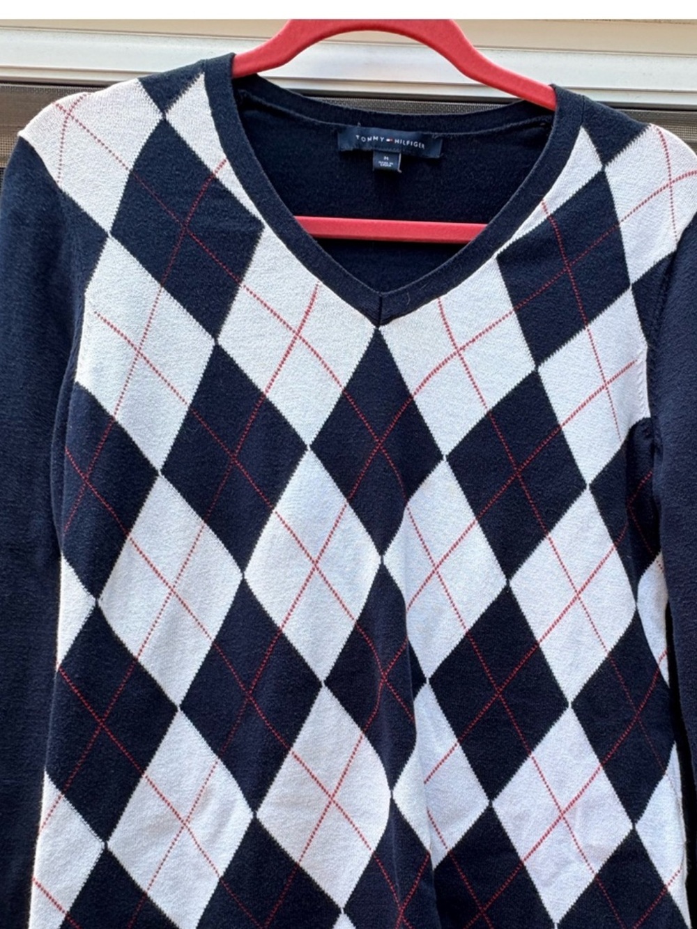 Tommy Hilfiger Navy, White & Red Argyle V-Neck Sweater